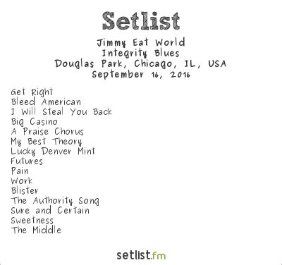 Sep 8 2022 <b>Jimmy</b> <b>Eat</b> <b>World</b> <b>Setlist</b> at Rock & Roll Hall of Fame, Cleveland, OH, USA Edit <b>setlist</b> Tour: Something Loud Tour statistics Add <b>setlist</b> <b>Setlist</b> Futures Intro Futures Pain Bleed American The Authority Song For Me This Is Heaven Big Casino All the Way (Stay) A Praise Chorus Sure and Certain Let It Happen Work Blister Kill 555 Hear You Me. . Jimmy eat world setlist